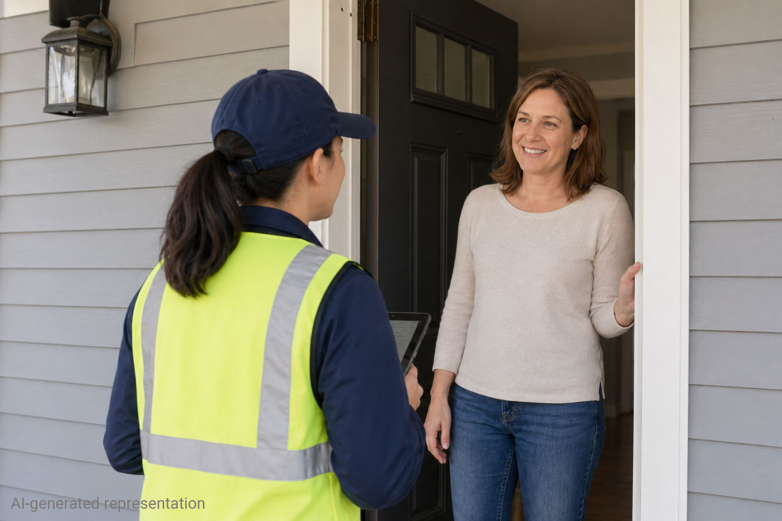 An AI-generated representation of a woman property owner at the door welcoming a property inspection data collector.